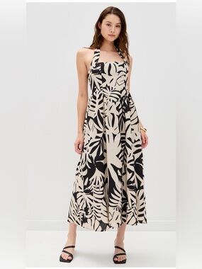 Seven wonders Black and Cream Tropical Print Halter midi sundress NWT size S